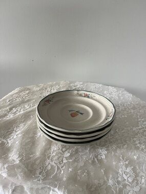 International Tableworks Stoneware Fruit Pattern Saucers Set of 4 Blue Trim